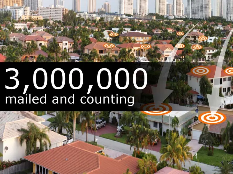 Aerial view of a neighborhood with the text “3,000,000 mailed and counting”
