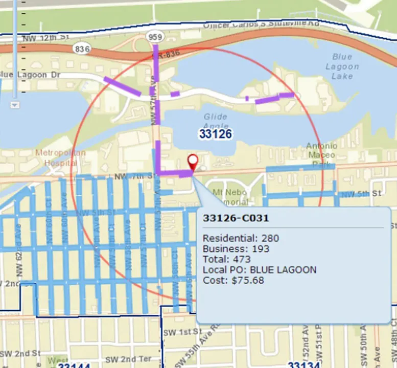 Sample postal route map showing delivery routes and household counts